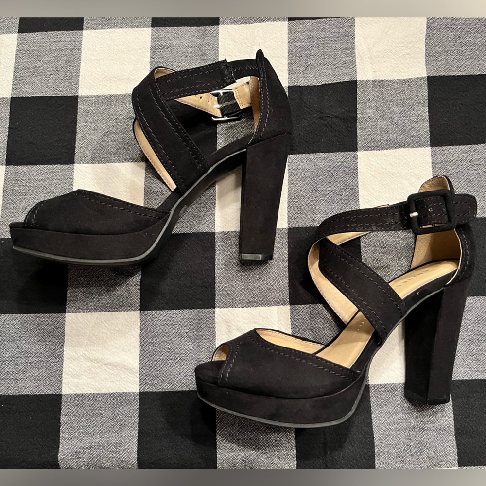 Black chunky suede heels